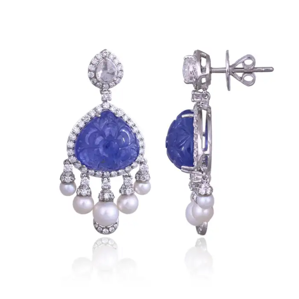 18k White Gold Diamond Dangle Earrings - Natural Tanzanite & Freshwater Pearl Earrings