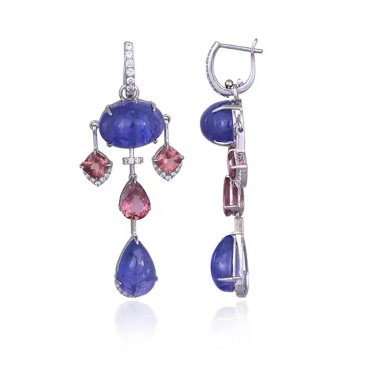 18k White Gold Diamond Earrings - Natural Tanzanite & Tourmaline Gemstone Dangle Earrings