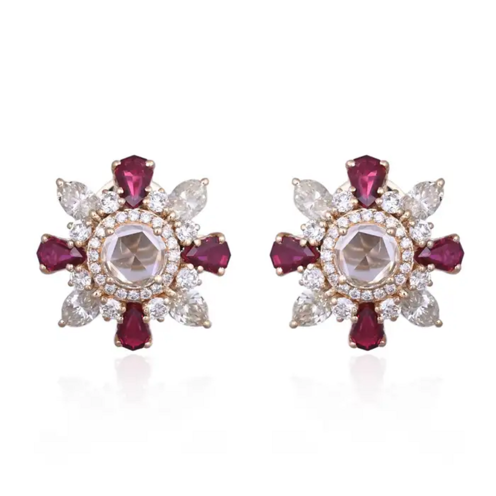 18k Yellow Gold Diamond Stud Earrings - Natural Mozambique Ruby & Rose Cut Diamond Earrings