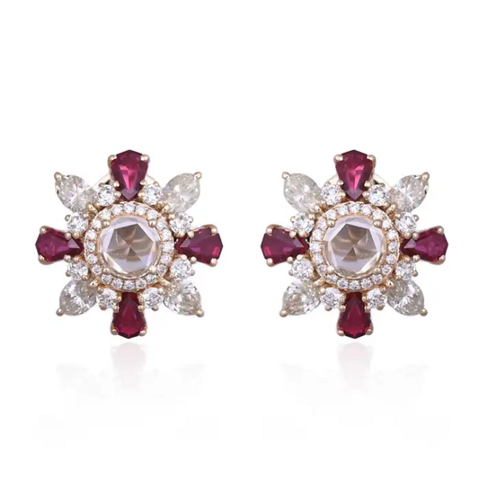 18k Yellow Gold Diamond Stud Earrings - Natural Mozambique Ruby & Rose Cut Diamond Earrings