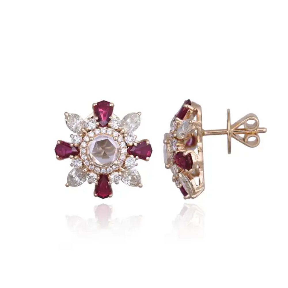 18k Yellow Gold Diamond Stud Earrings - Natural Mozambique Ruby & Rose Cut Diamond Earrings