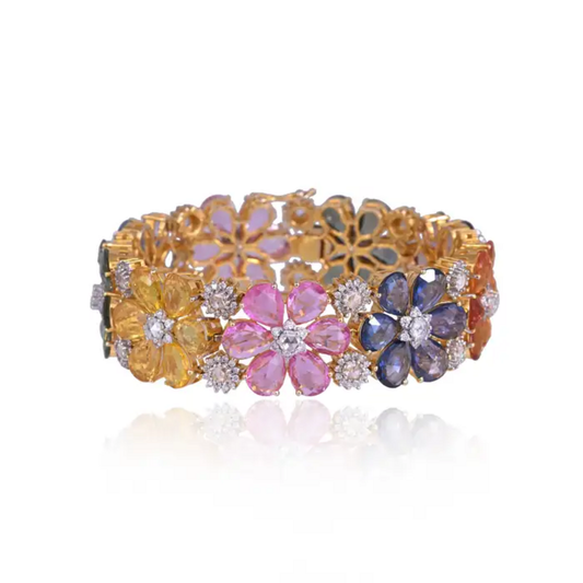 18k Yellow Gold Floral Bracelet - Natural Multi Sapphire & Rose Cut Diamond Modern Bracelet