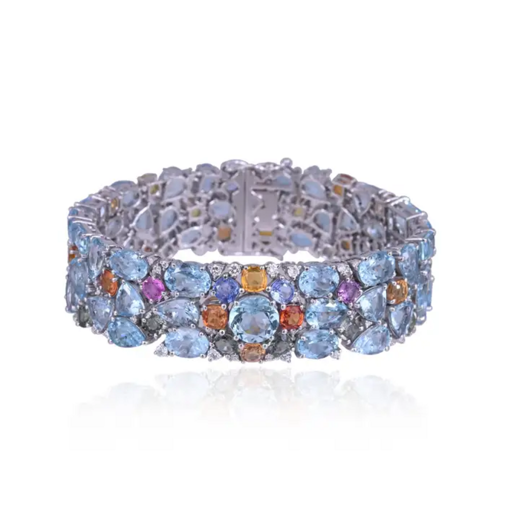 18k White Gold Diamond Statement Bracelet - Natural Aquamarine & Multi Sapphire Bracelet
