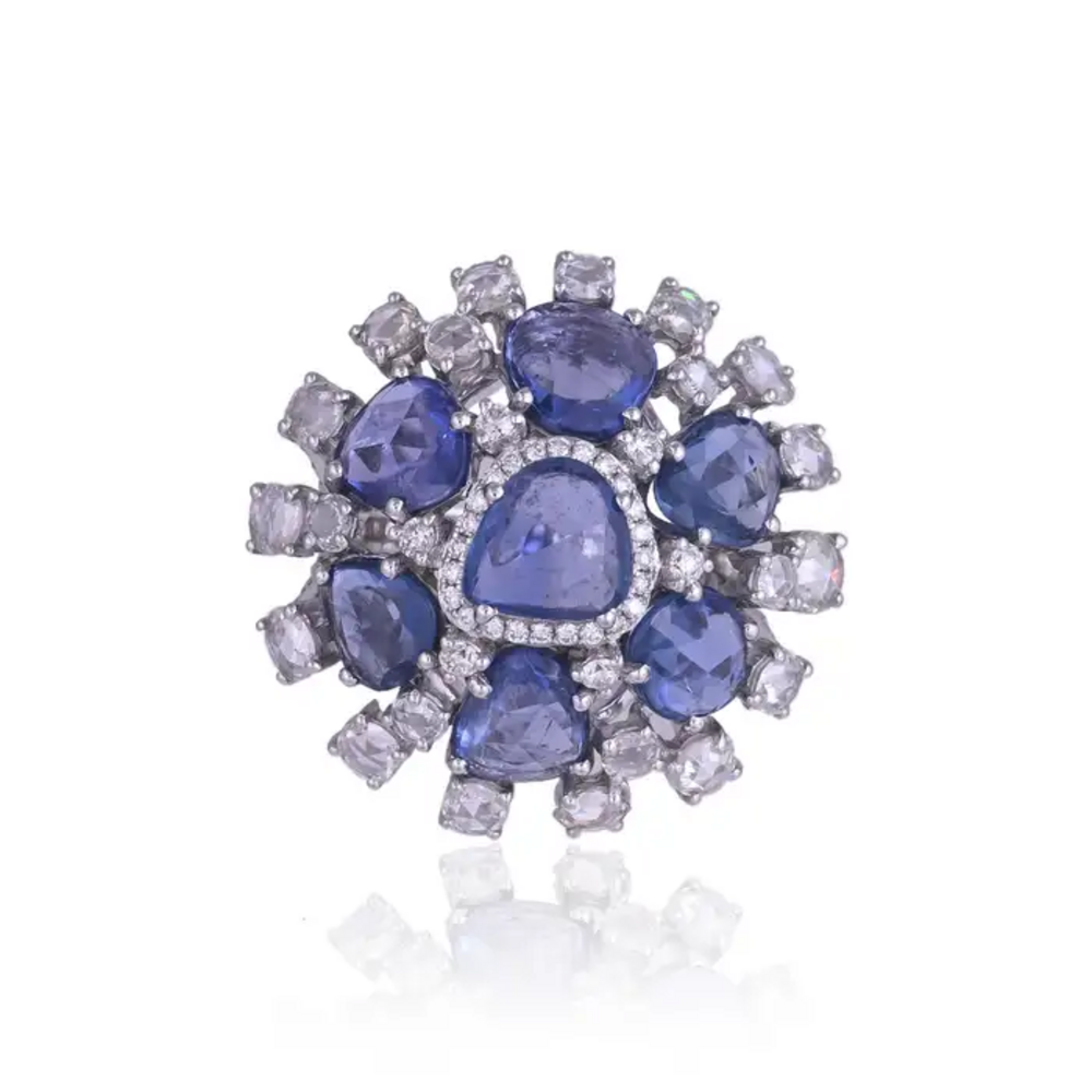 Natural Blue Sapphire & Rose Cut Diamonds Cocktail Ring - Handmade 18k White Gold Ring