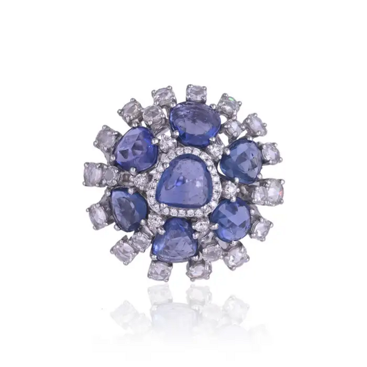 Natural Blue Sapphire & Rose Cut Diamonds Cocktail Ring - Handmade 18k White Gold Ring