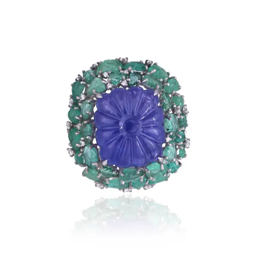 18k White Gold Diamond Statement Ring - Natural Tanzanite & Zambian Emerald Cocktail Ring