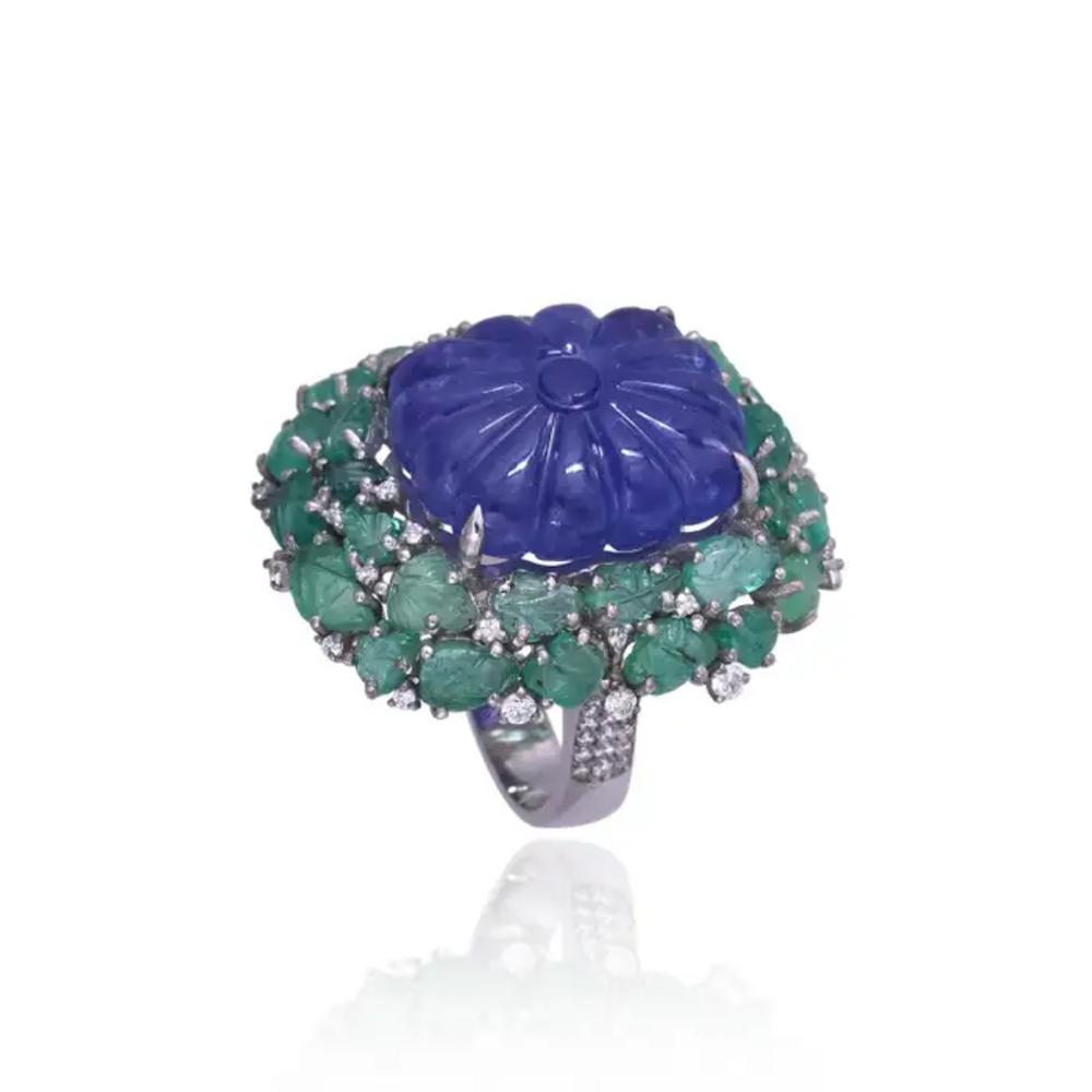 18k White Gold Diamond Statement Ring - Natural Tanzanite & Zambian Emerald Cocktail Ring