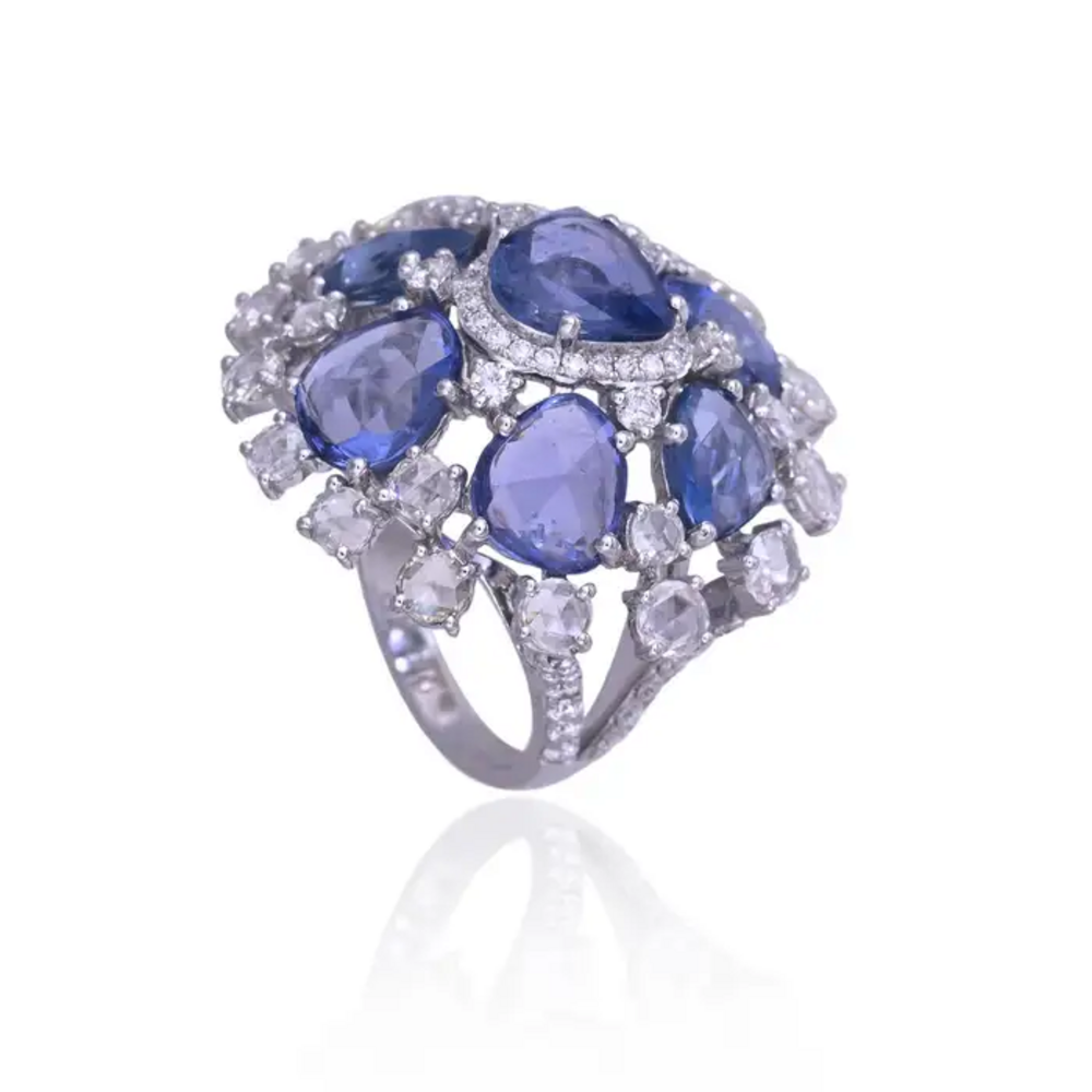 Natural Blue Sapphire & Rose Cut Diamonds Cocktail Ring - Handmade 18k White Gold Ring