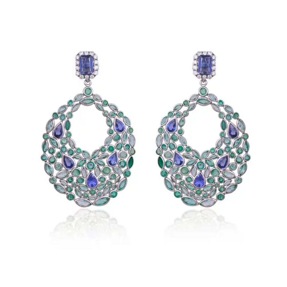 18k White Gold Diamond Art Deco Style Earrings - Natural Blue Sapphire & Zambian Emerald Dangle Earrings