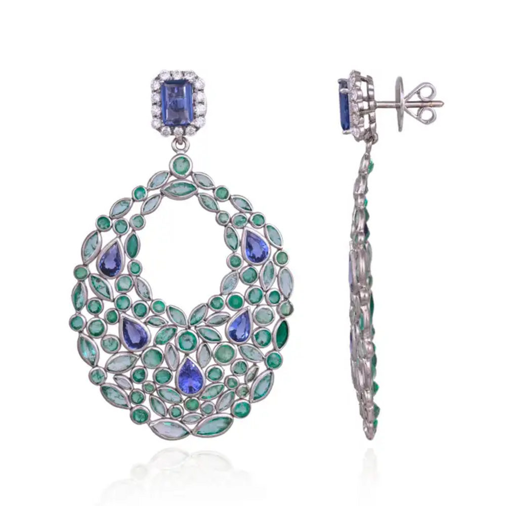 18k White Gold Diamond Art Deco Style Earrings - Natural Blue Sapphire & Zambian Emerald Dangle Earrings