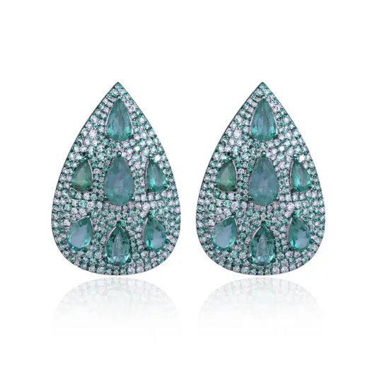 Natural Zambian Emerald & Diamond Pear Shape Earrings - 18k White Gold Earrings With Green Rhodium