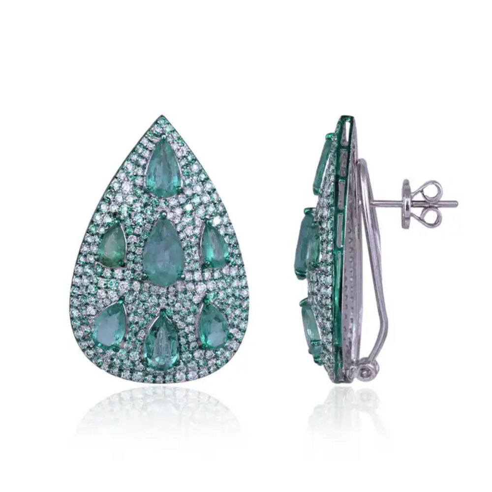 Natural Zambian Emerald & Diamond Pear Shape Earrings - 18k White Gold Earrings With Green Rhodium