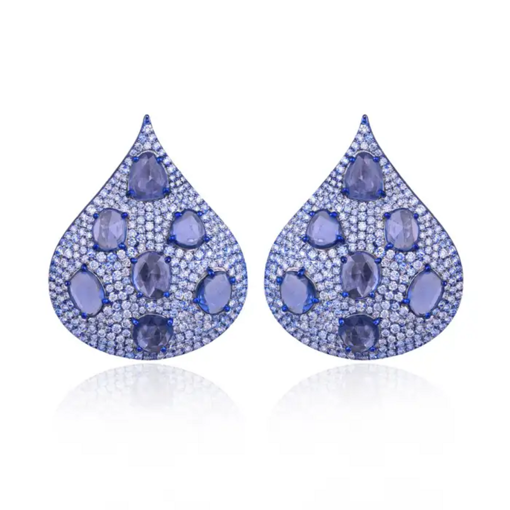 18k White Gold Diamond Earrings With Blue Rhodium - Natural Blue Sapphire Gemstone Earrings