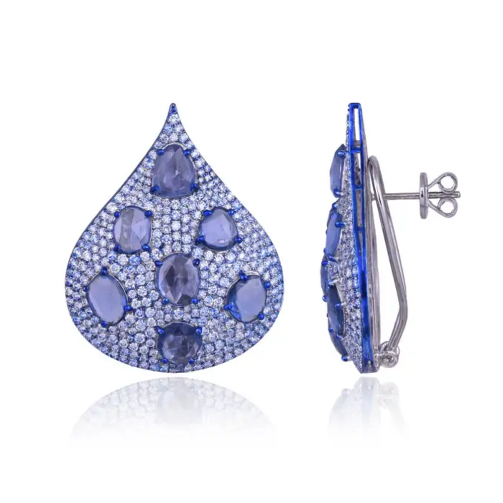 18k White Gold Diamond Earrings With Blue Rhodium - Natural Blue Sapphire Gemstone Earrings