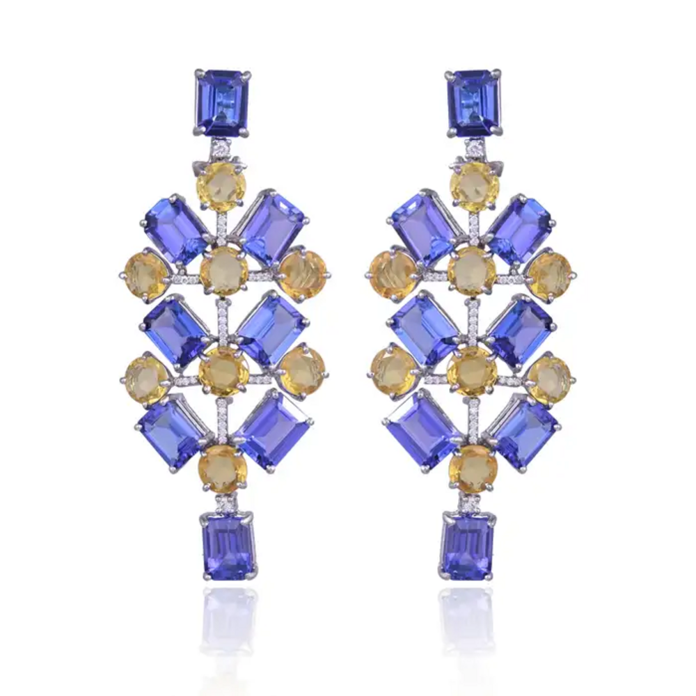 Natural Tanzanite & Yellow Sapphire Dangle Earrings - 18k White Gold Diamond Chandelier Earrings