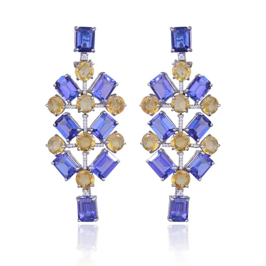 Natural Tanzanite & Yellow Sapphire Dangle Earrings - 18k White Gold Diamond Chandelier Earrings