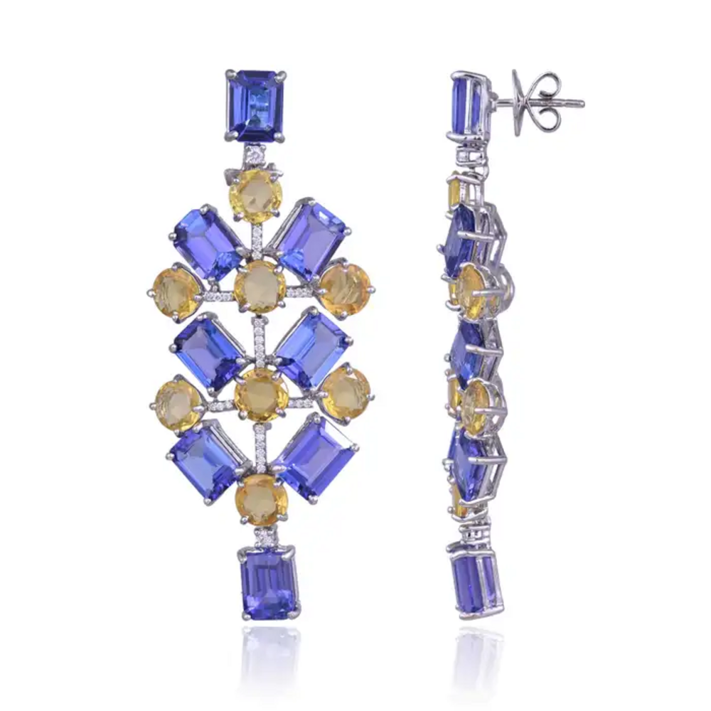 Natural Tanzanite & Yellow Sapphire Dangle Earrings - 18k White Gold Diamond Chandelier Earrings