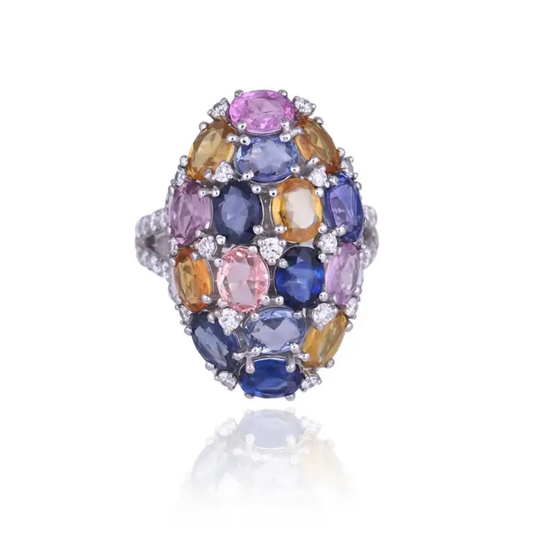 Natural Multi Sapphire & White Enamel Cocktail Ring - 18k White Gold Diamond Ring