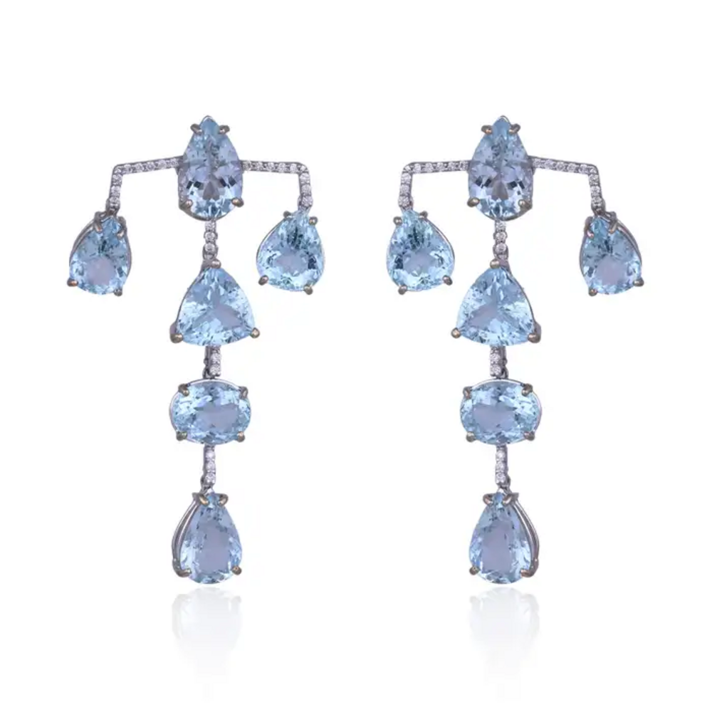 Aquamarine Gemstone Dangle Earrings - 18k White Gold Diamond Chandelier Earrings