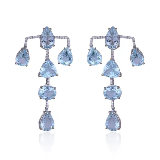 Aquamarine Gemstone Dangle Earrings - 18k White Gold Diamond Chandelier Earrings