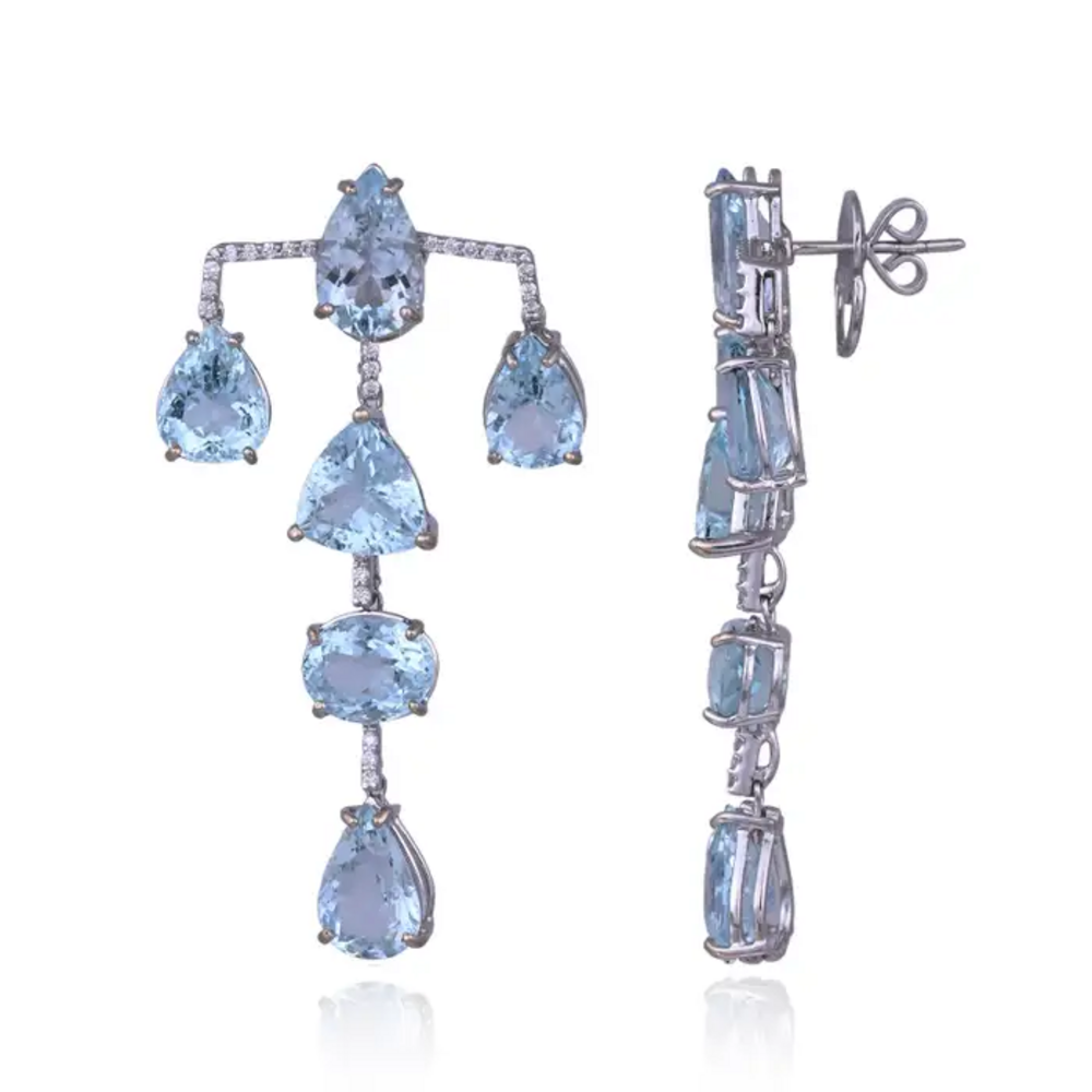 Aquamarine Gemstone Dangle Earrings - 18k White Gold Diamond Chandelier Earrings