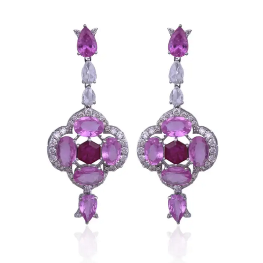 Ceylon Pink Sapphire & Ruby Gemstone Earrings - 18k White Gold & Rose Cut Diamond Dangle Earrings