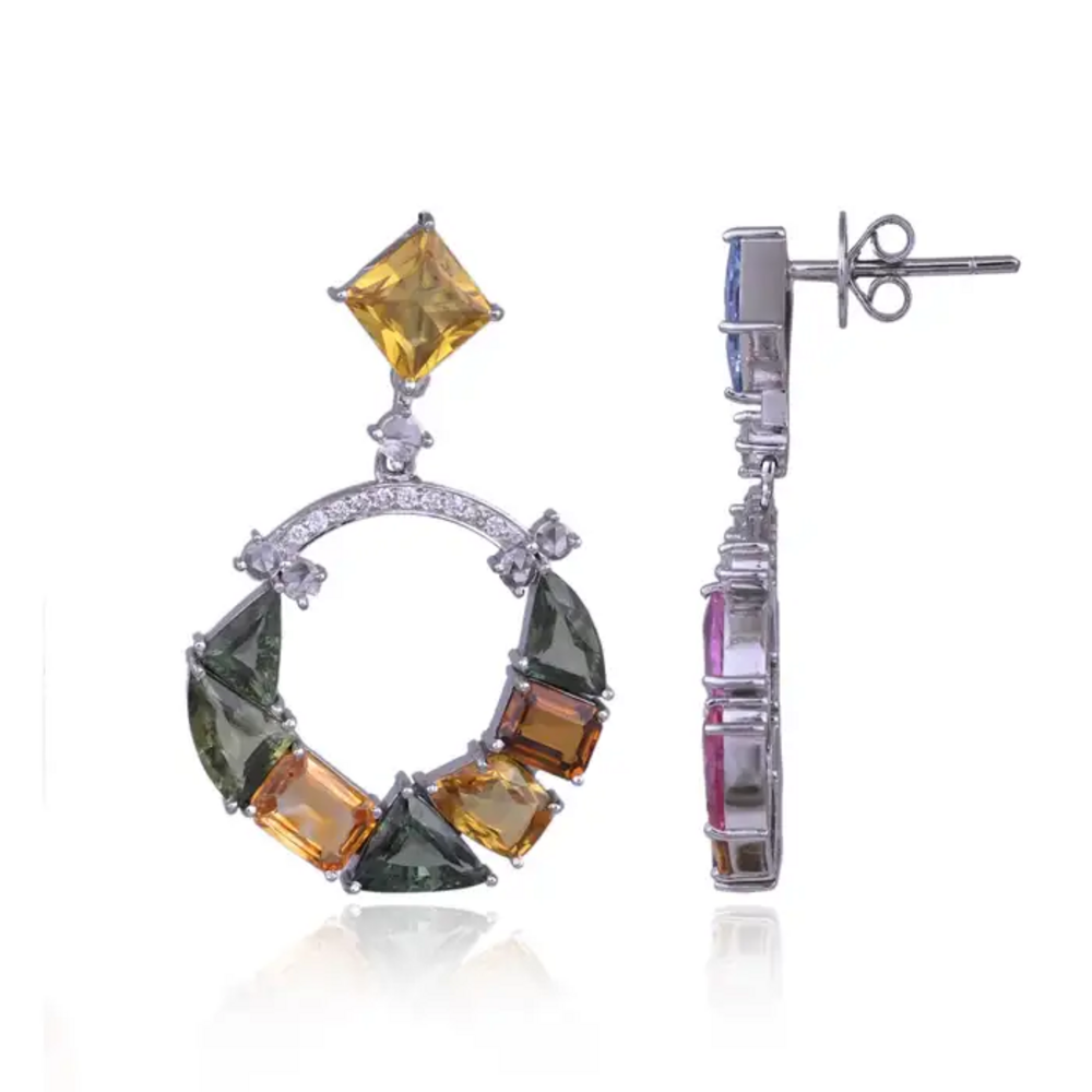 18k White Gold Diamond Earrings - Natural Ceylon Multi Sapphire Dangle Earrings