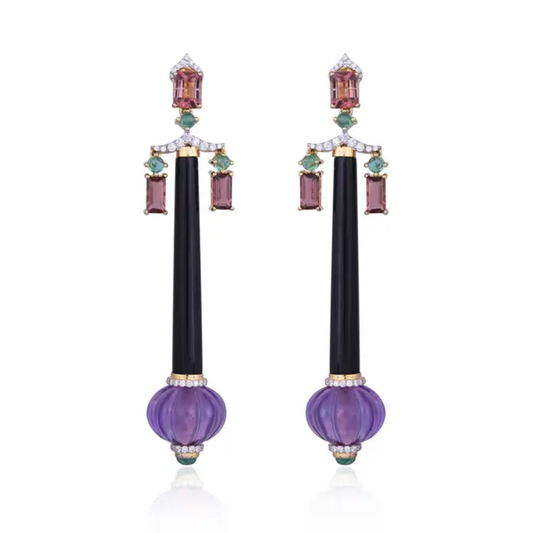 Natural Amethyst , Tourmaline & Black Onyx Dangle Earrings - 18k Yellow Gold Diamond Earrings