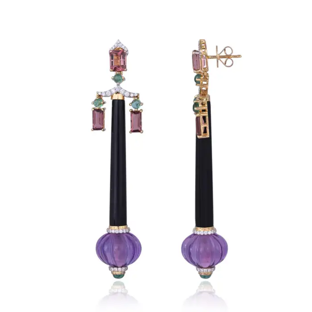Natural Amethyst , Tourmaline & Black Onyx Dangle Earrings - 18k Yellow Gold Diamond Earrings