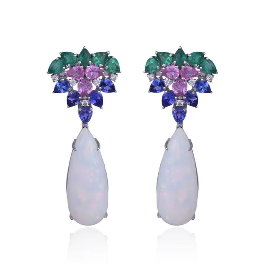 18k White Gold Diamond Dangle Earrings - Natural Zambian Emerald, Ethiopian Opal, Tanzanite & Pink Sapphire Earrings