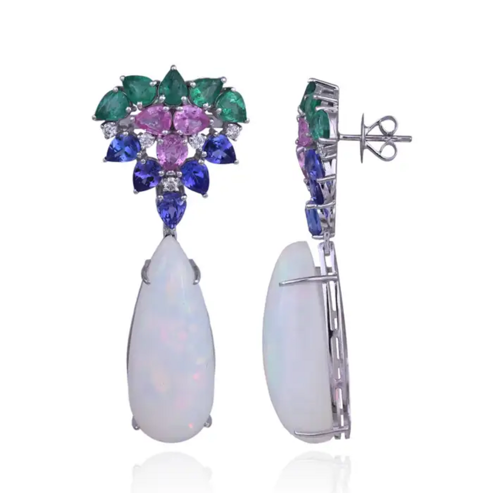 18k White Gold Diamond Dangle Earrings - Natural Zambian Emerald, Ethiopian Opal, Tanzanite & Pink Sapphire Earrings