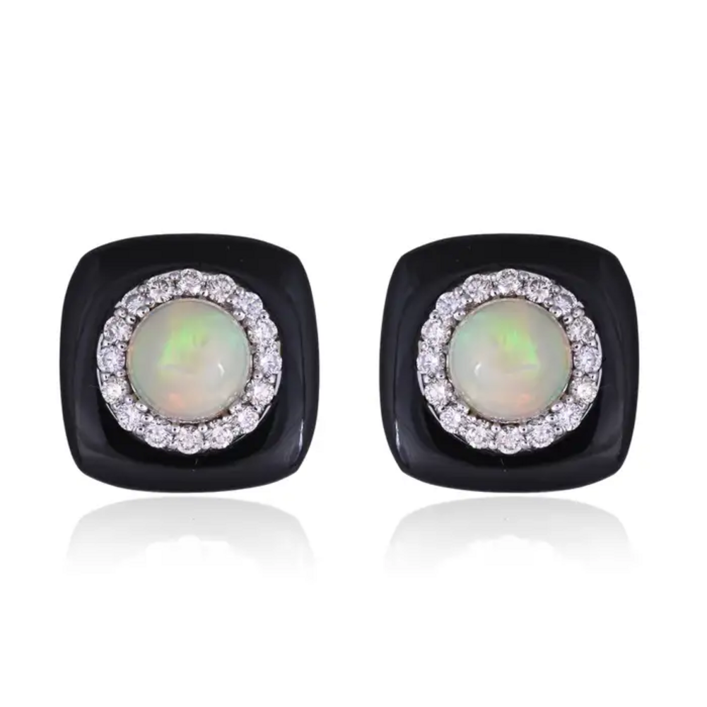 Natural Black Onyx & Ethiopian Opal Stud Earrings - 18k White Gold Diamond Handmade Earrings