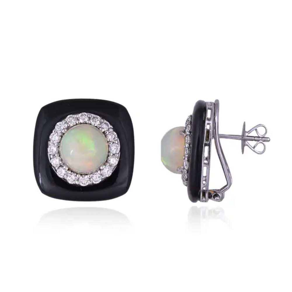 Natural Black Onyx & Ethiopian Opal Stud Earrings - 18k White Gold Diamond Handmade Earrings