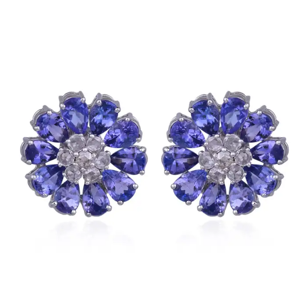 18k White Gold Diamond Stud Earrings - Natural Tanzanite & Rose Cut Diamonds Earrings