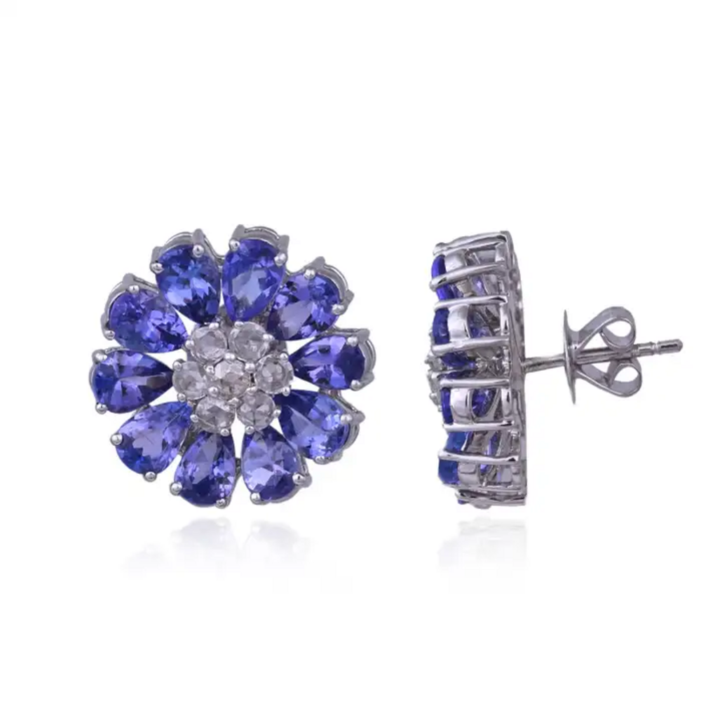 18k White Gold Diamond Stud Earrings - Natural Tanzanite & Rose Cut Diamonds Earrings