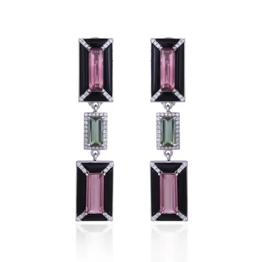 18k White Gold Diamond Dangle Earrings - Natural Tourmaline & Black Onyx Dangle Earrings