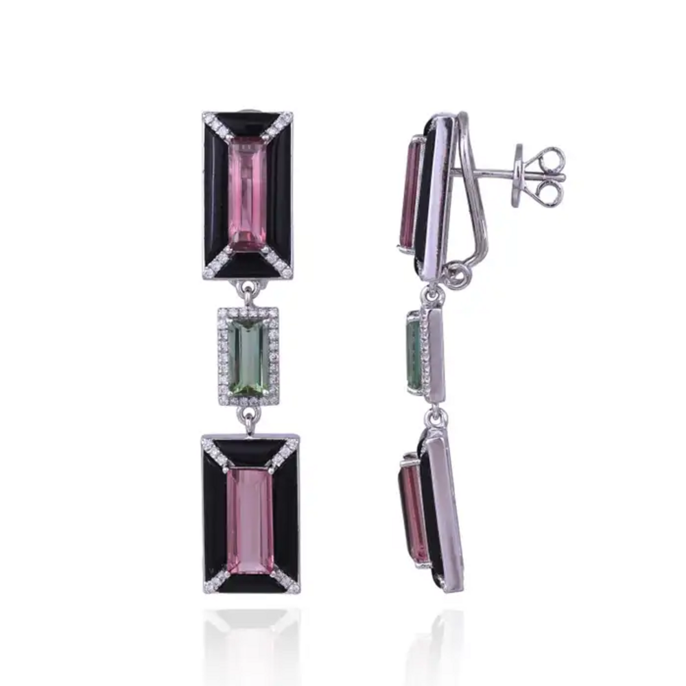 18k White Gold Diamond Dangle Earrings - Natural Tourmaline & Black Onyx Dangle Earrings