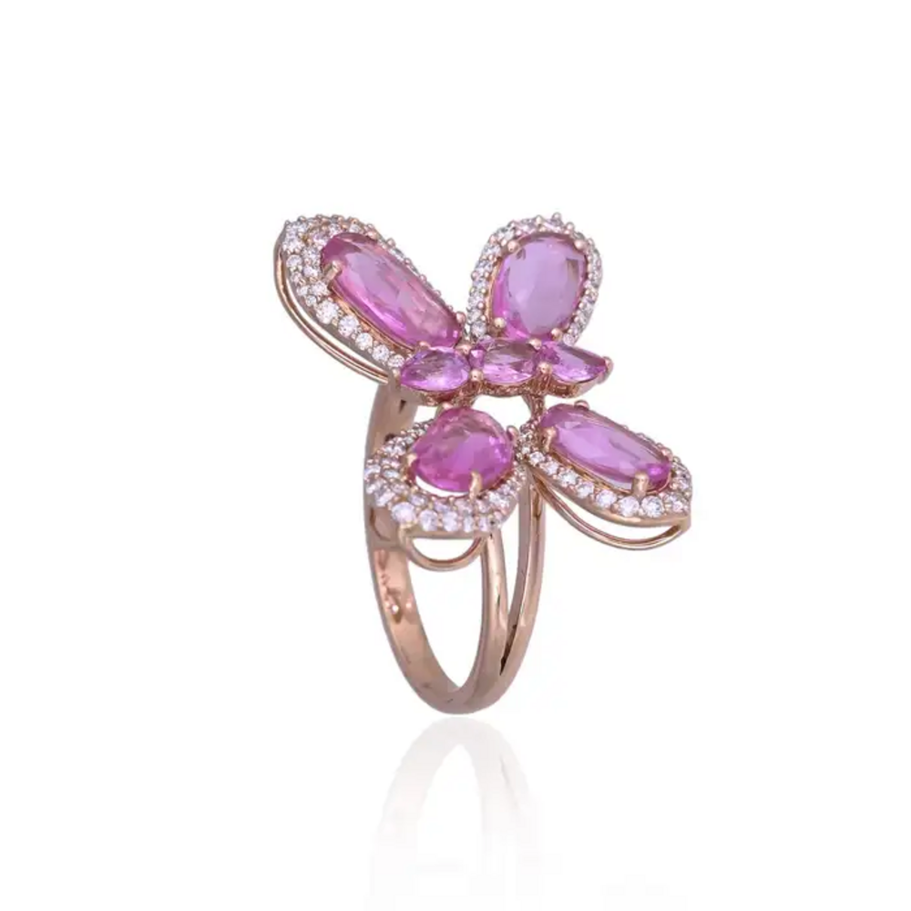 18k Rose Gold Butterfly Ring - Ceylon Pink Sapphire & Diamond Engagement Ring