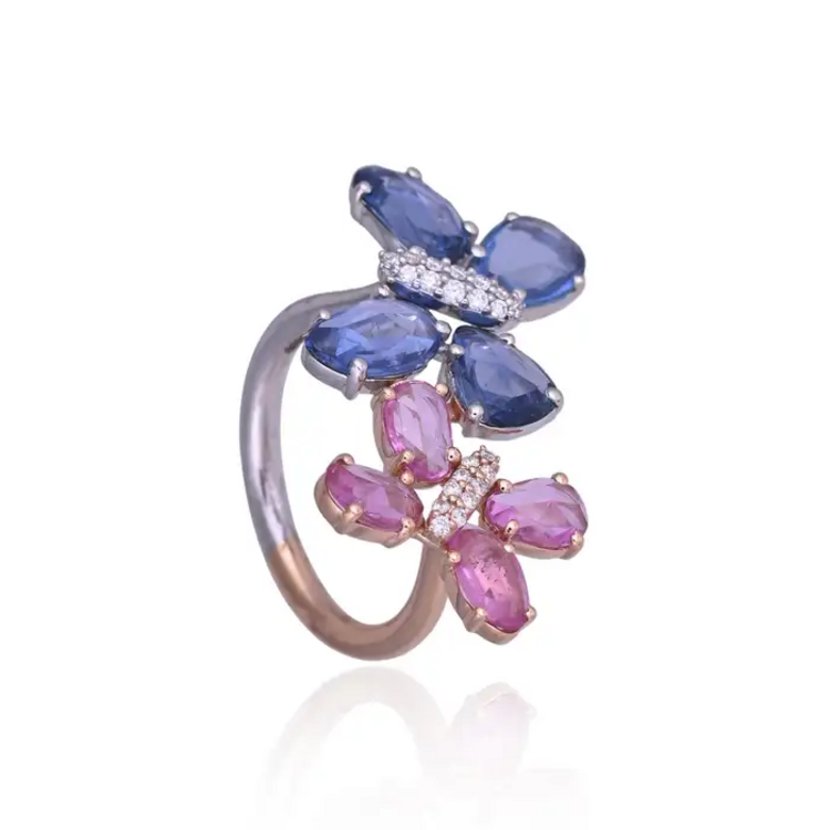 18k Gold Diamond Engagement Ring - Natural Ceylon Pink & Blue Sapphire Stackable Ring