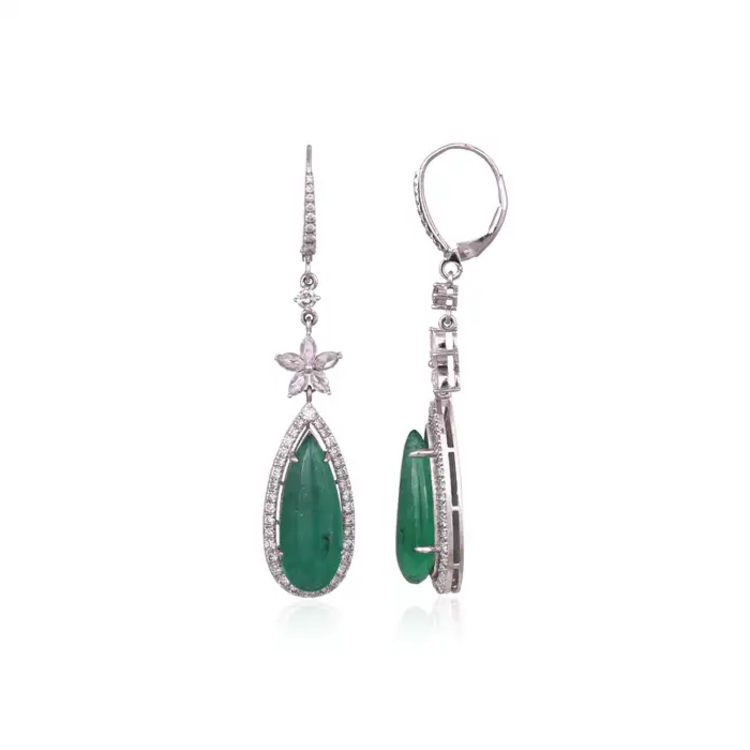 12.57 carats, Zambian Emeralds & Rose Cut Diamonds Chandelier Earrings