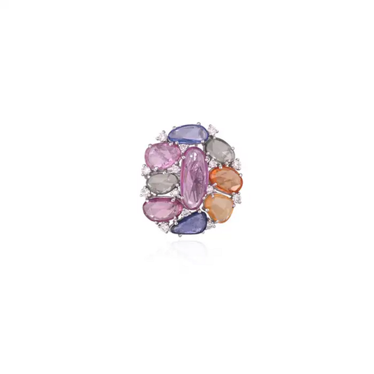 Multi Sapphire Gold Ring - 18k White Gold Handmade Cocktail Ring - Women Gold Diamond Ring