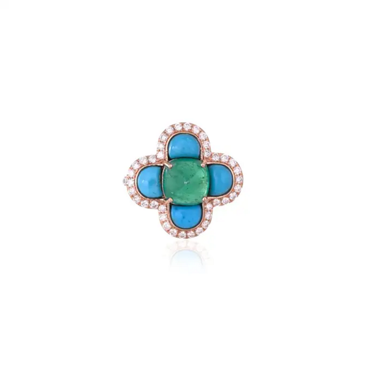 18k Rose Gold Diamond Handmade Ring With Natural Zambian Emerald & Turquoise