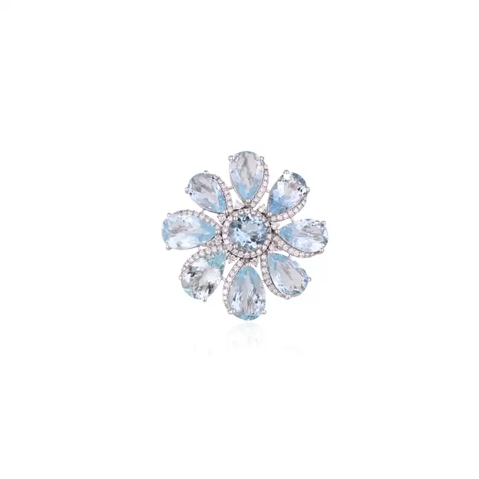 Solid 18k White Gold Diamond Ring - Natural Aquamarine Gemstone Cocktail Ring