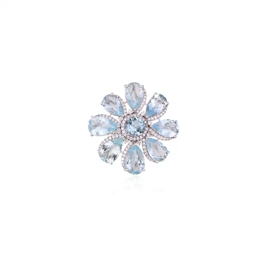 Solid 18k White Gold Diamond Ring - Natural Aquamarine Gemstone Cocktail Ring