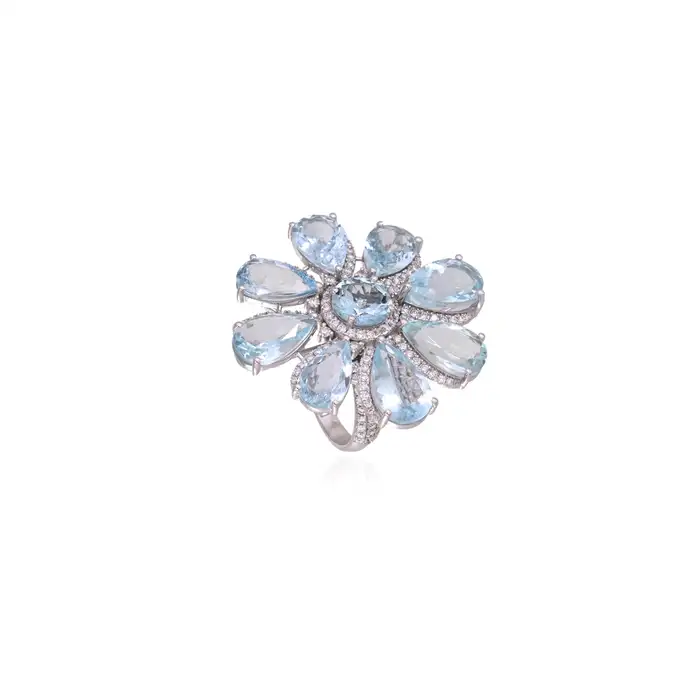 Solid 18k White Gold Diamond Ring - Natural Aquamarine Gemstone Cocktail Ring