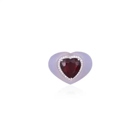 4.93 Heart Shape Rubellite & Chalcedony Anniversary Ring - 18k White Gold Diamond Cocktail Ring