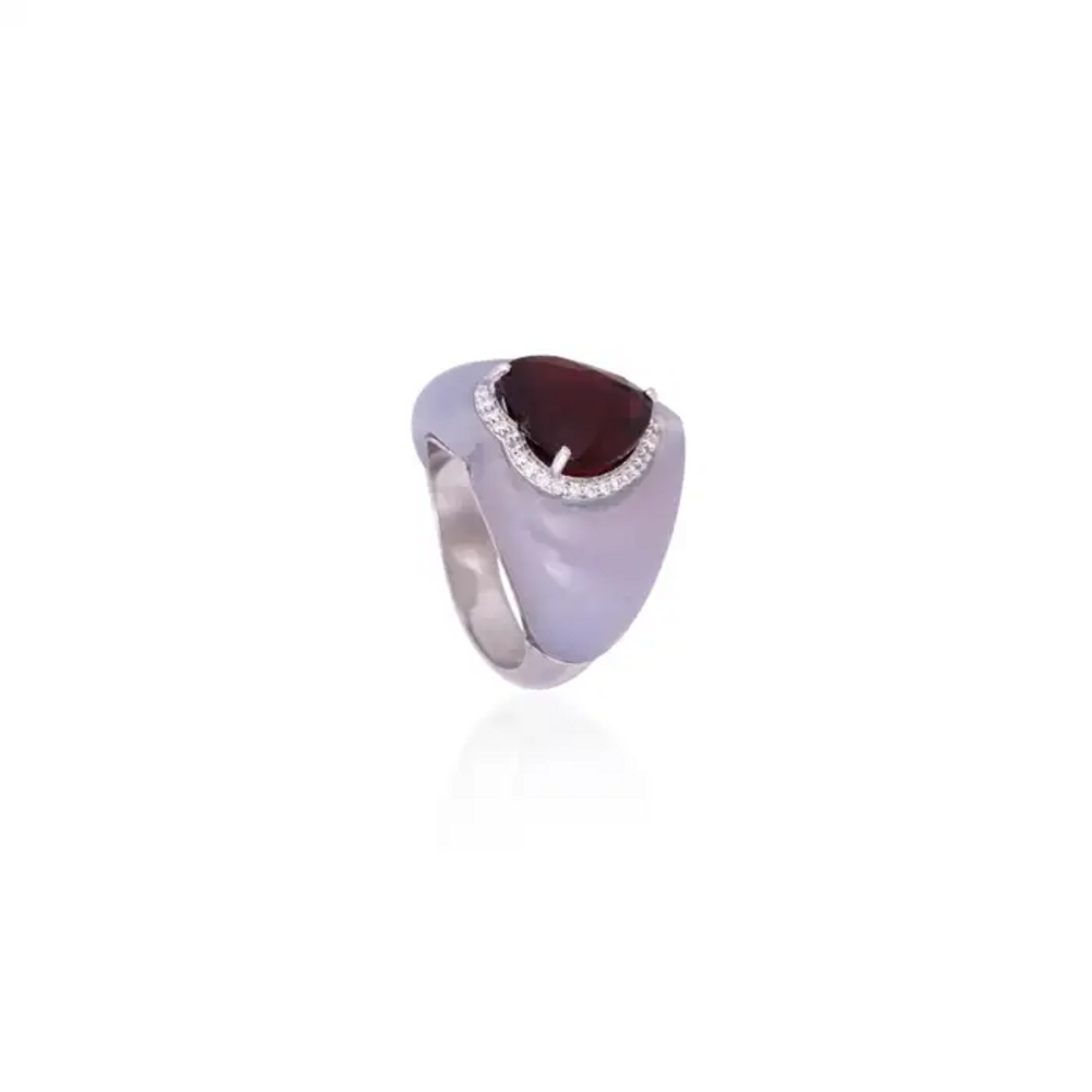 4.93 Heart Shape Rubellite & Chalcedony Anniversary Ring - 18k White Gold Diamond Cocktail Ring