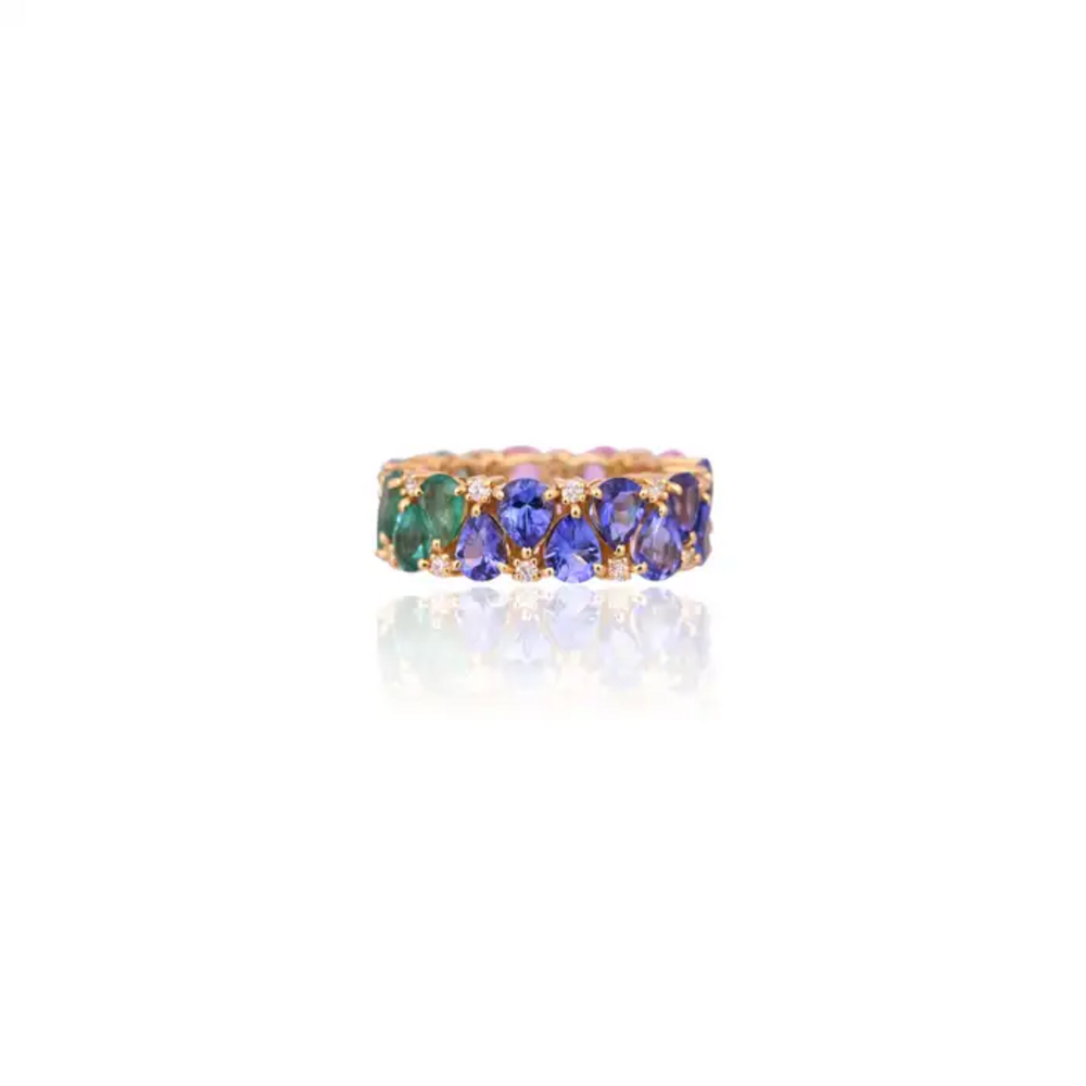 Natural Pink Sapphire, Zambian Emerald & Tanzanite Band Ring - 18k Yellow Gold Diamond Wedding Ring