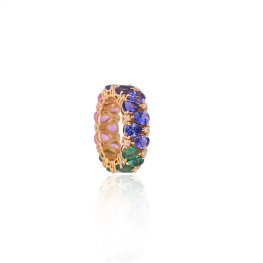 Natural Pink Sapphire, Zambian Emerald & Tanzanite Band Ring - 18k Yellow Gold Diamond Wedding Ring