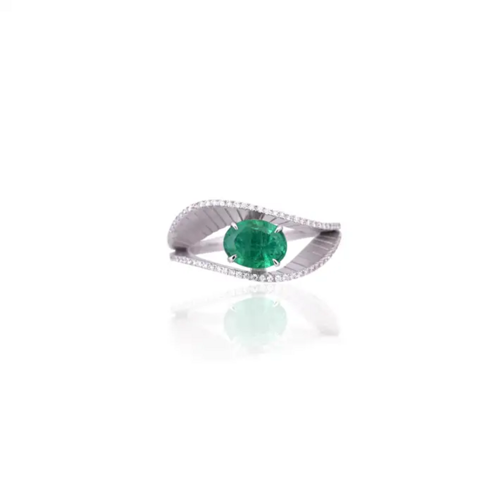 18k White Gold Diamond & Zambian Emerald Engagement Ring